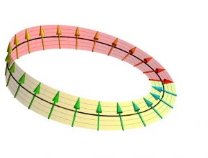 When the vector is rotated along the Möbius strip it reverses direction after an odd number of full rotations; it's a spinor.